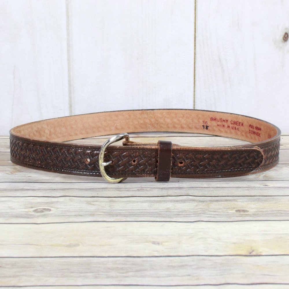 Brushy Creek Brown Basket Weave Pattern Full Grain Cowhide Leather Belt Size 38 - Picture 1 of 9